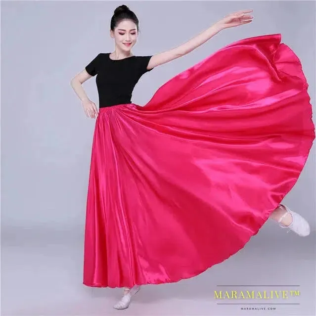 720 Degree Satin Skirt Belly Dance Costume Women Gypsy Long Skirts Dancer Practice Wear 12 Colors 105cm 110cm Dance Skirt 115cm