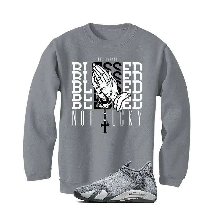 Air Jordan 14 “Flint Grey” | illcurrency Grey T-Shirt (Blessed not lucky)