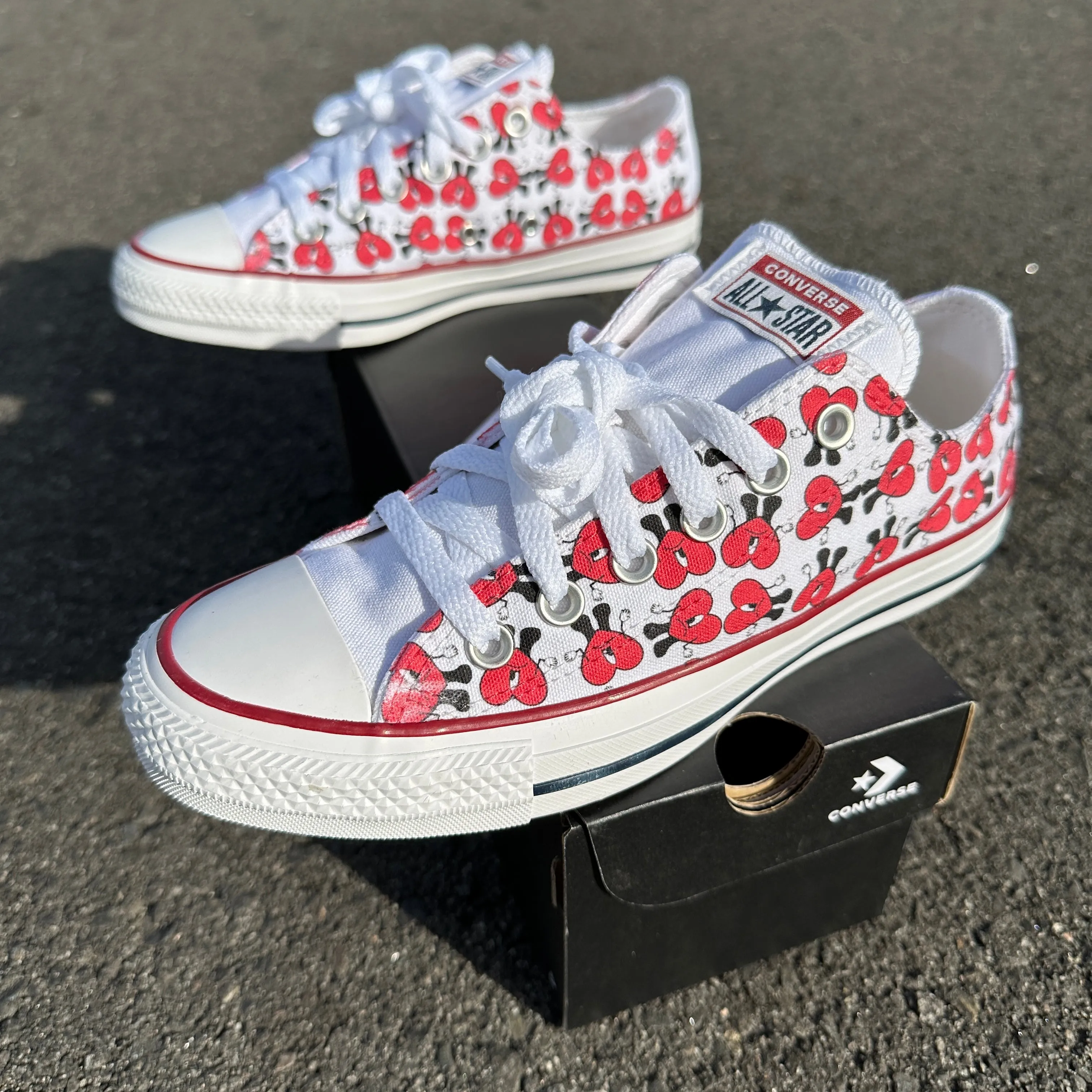 Bad Bunny Valentines Day Red Heart Pattern Custom Low Top Converse White: LIMITED TIME ONLY - Custom Converse Shoes