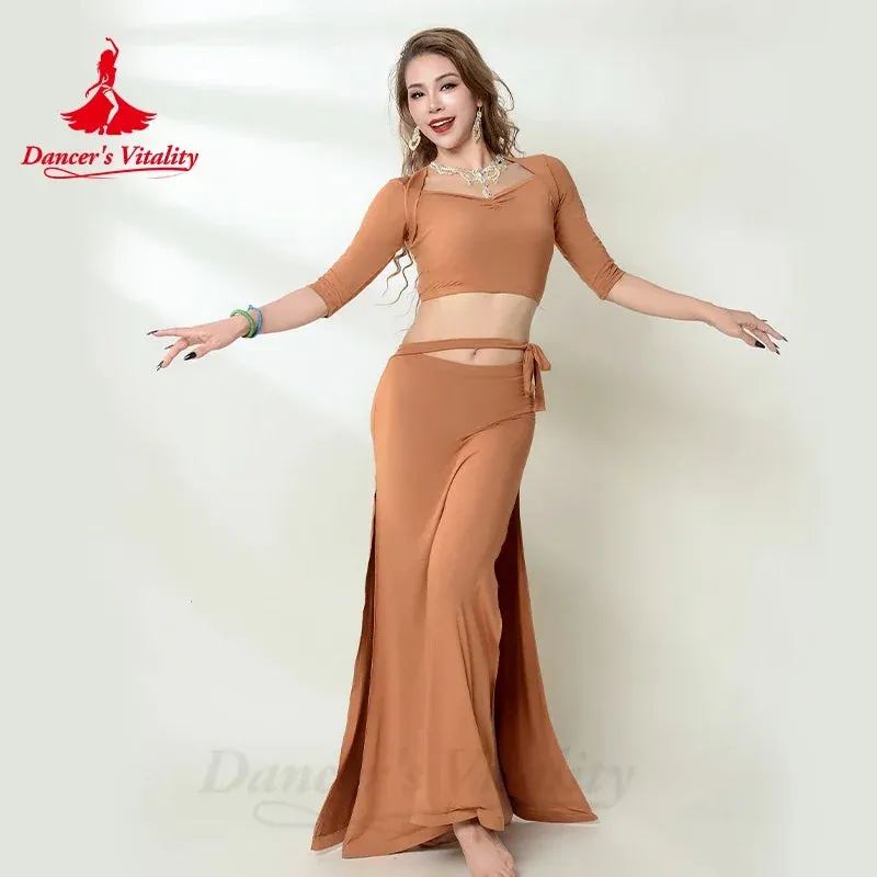 Belly Dance Practice Costume for Women Winter Half Sleeves Top split Long Skirt 2pcs Adult Oriental Belly Dancing Wear Outfit