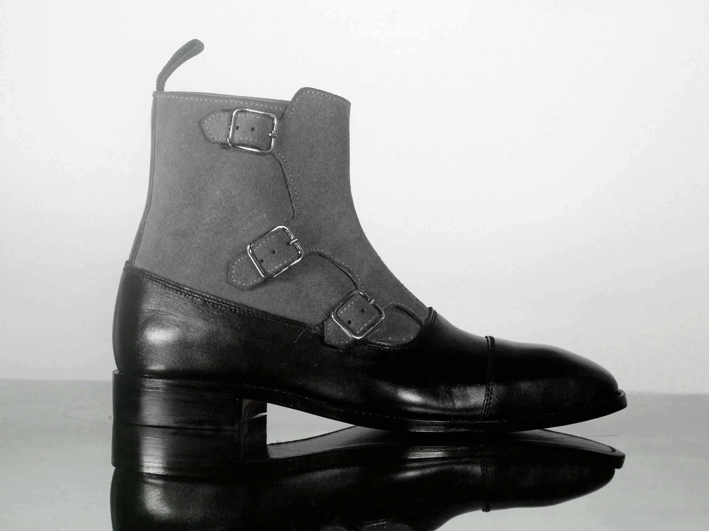 Bespoke Black & Gray Leather Suede Ankle High Cap Toe Buckle Boot