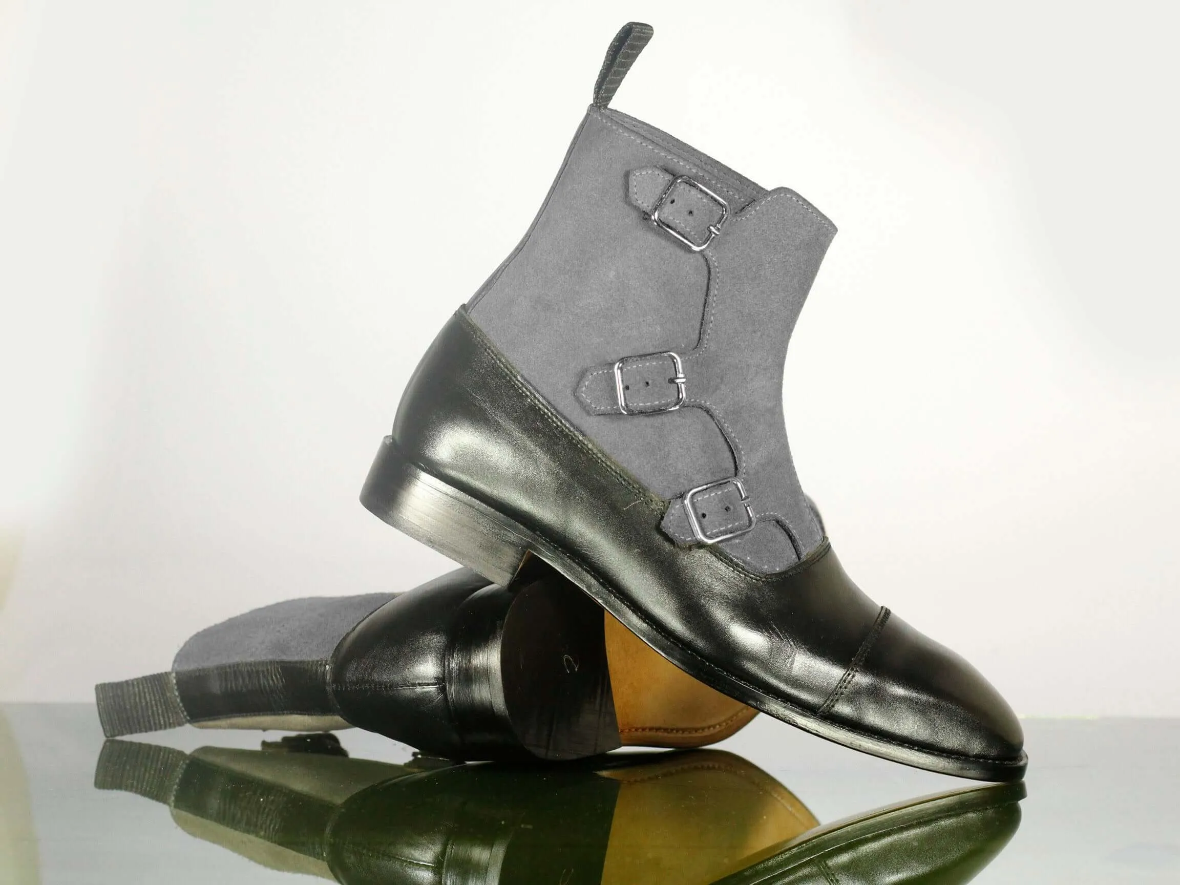 Bespoke Black & Gray Leather Suede Ankle High Cap Toe Buckle Boot