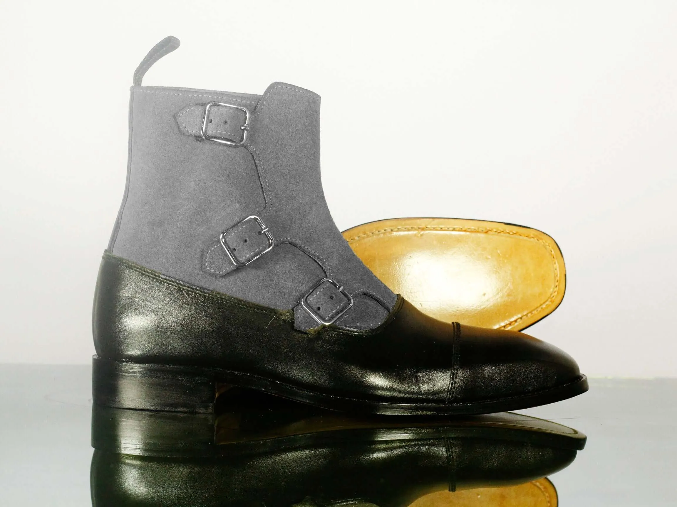 Bespoke Black & Gray Leather Suede Ankle High Cap Toe Buckle Boot