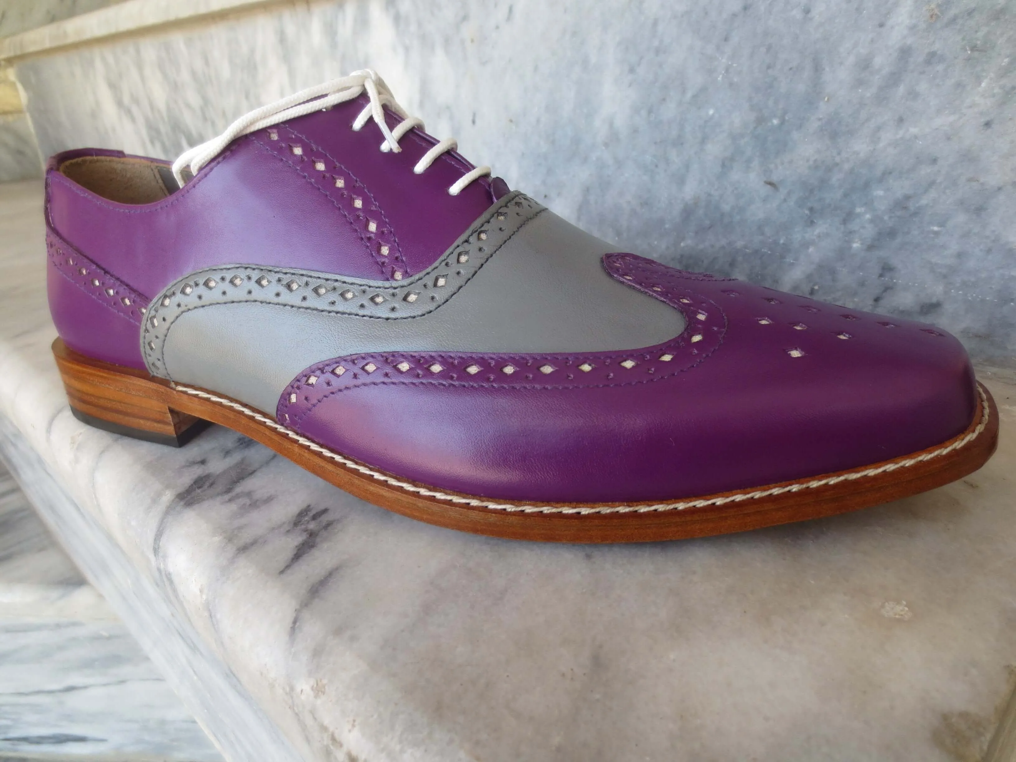 Bespoke Purple Gray Leather Wing Tip Shoes for Men's