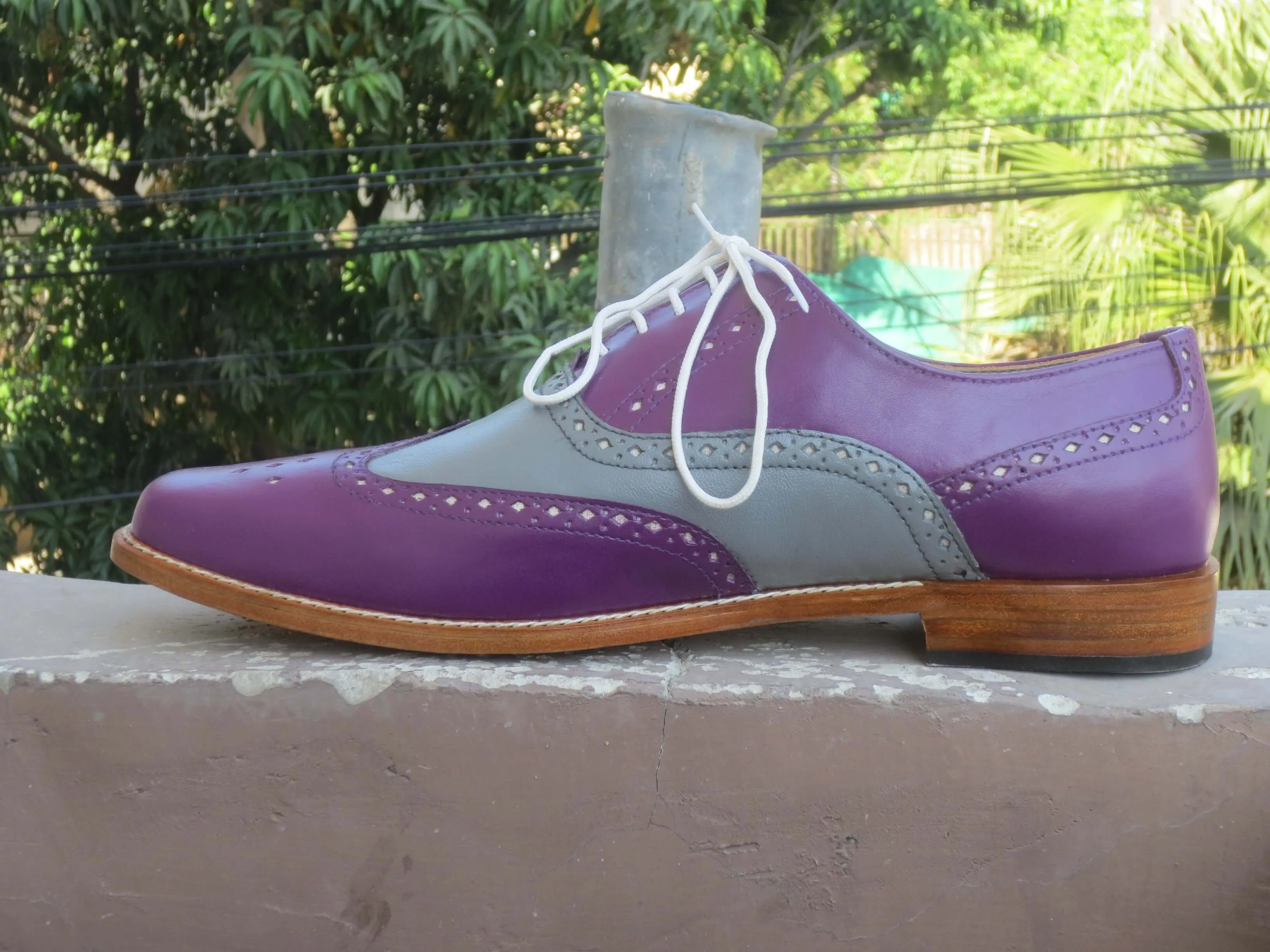 Bespoke Purple Gray Leather Wing Tip Shoes for Men's