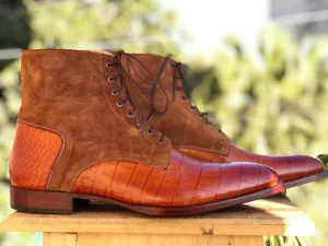 Bespoke Tan Brown Leather Suede Lace Up Boots