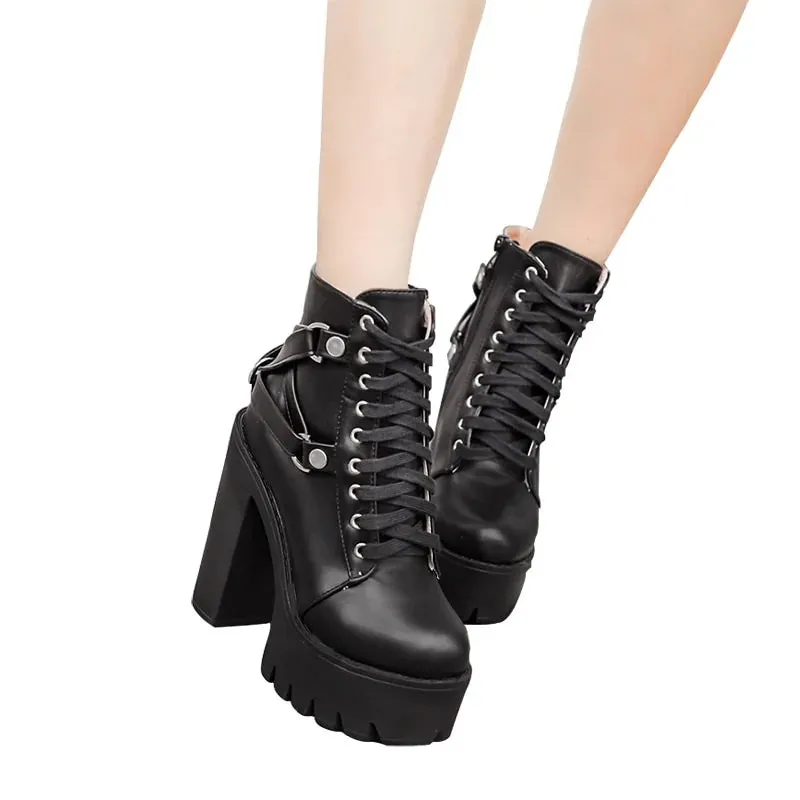 Black Boots Women Heel Spring Autumn Lace-up