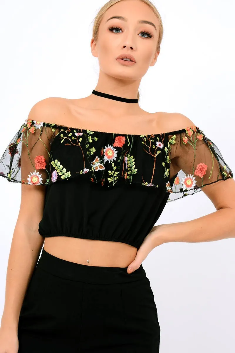 Black Floral Mesh Off Shoulder Crop Top - Paulette