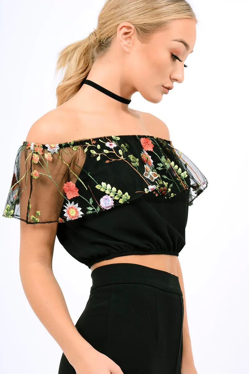 Black Floral Mesh Off Shoulder Crop Top - Paulette