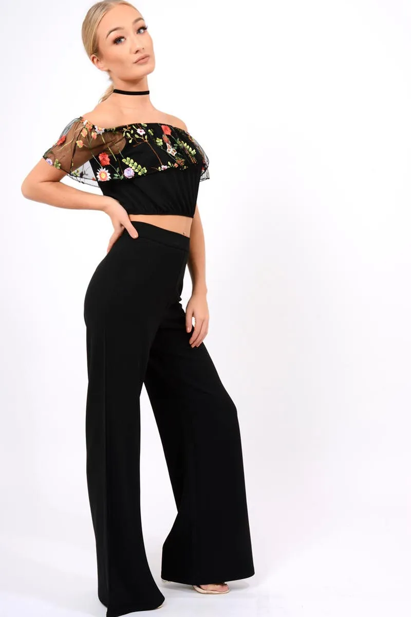 Black Floral Mesh Off Shoulder Crop Top - Paulette