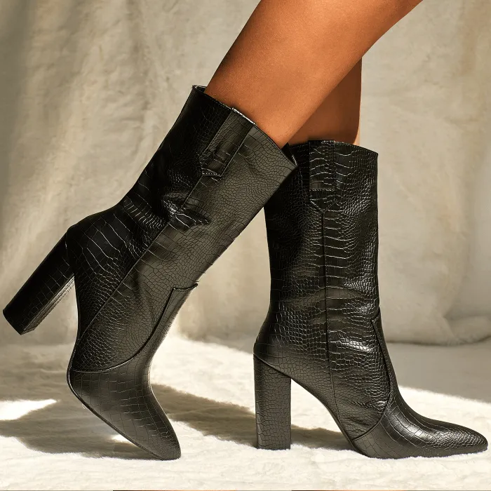 Black Leather High Chunky Heel Calf Boots