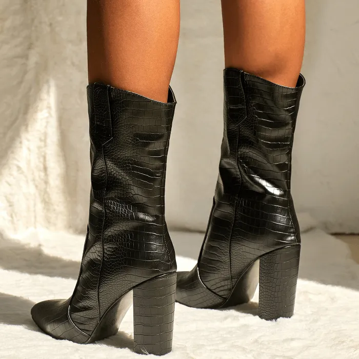 Black Leather High Chunky Heel Calf Boots