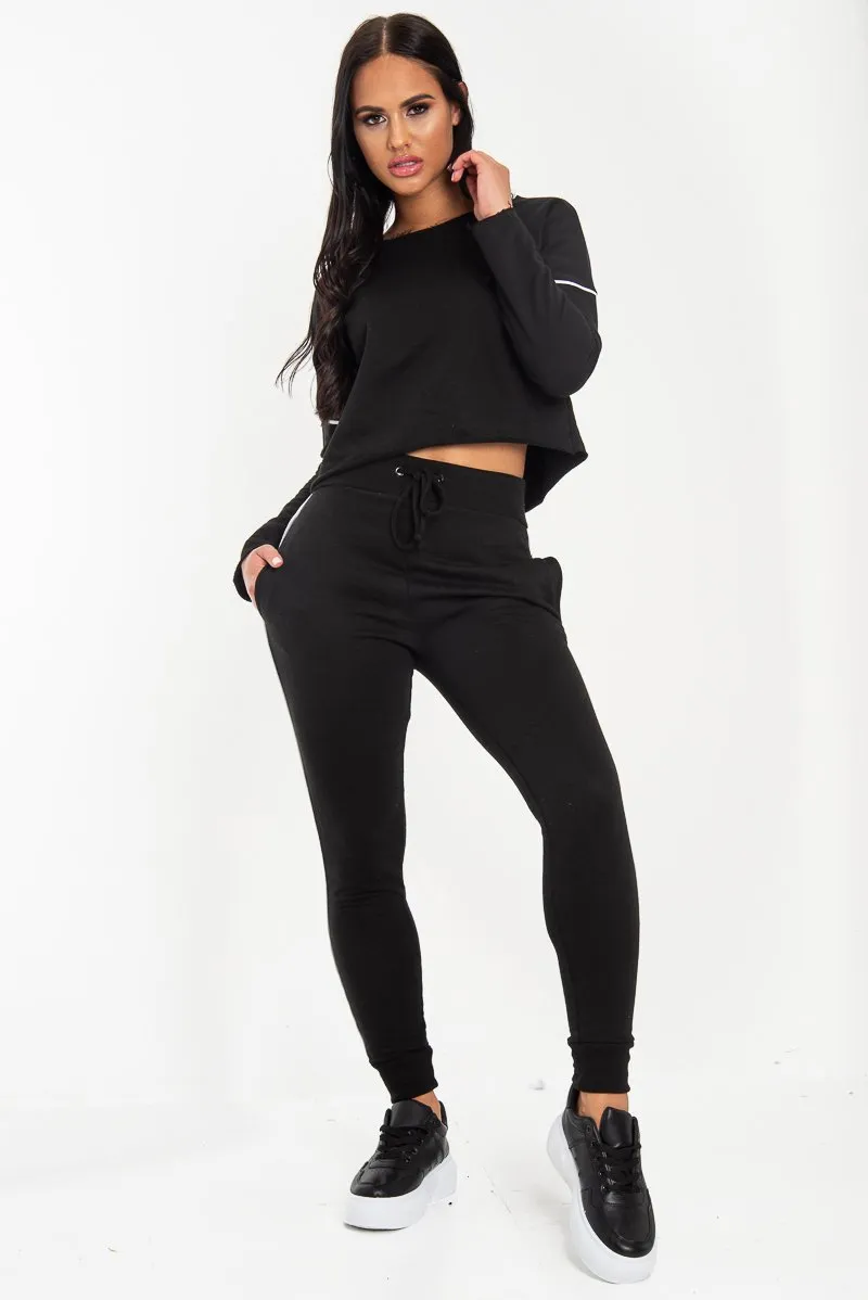 Black White Detail Line Sweatshirt and Jogger Set - Shealee