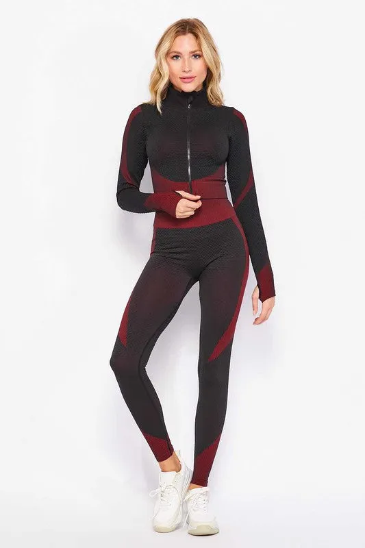 Black/Fuchsia Honey Comb Active Cropped Jacket Leggings Set