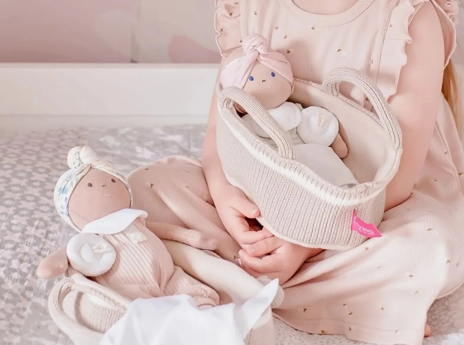 Bonikka Soft Organic Doll, Accessories & Knitted Carry Cot