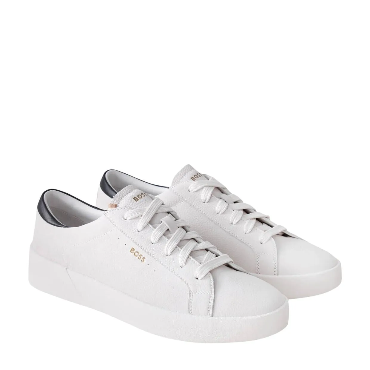 BOSS Belwar Gold Logo Tumbled Leather White Trainers