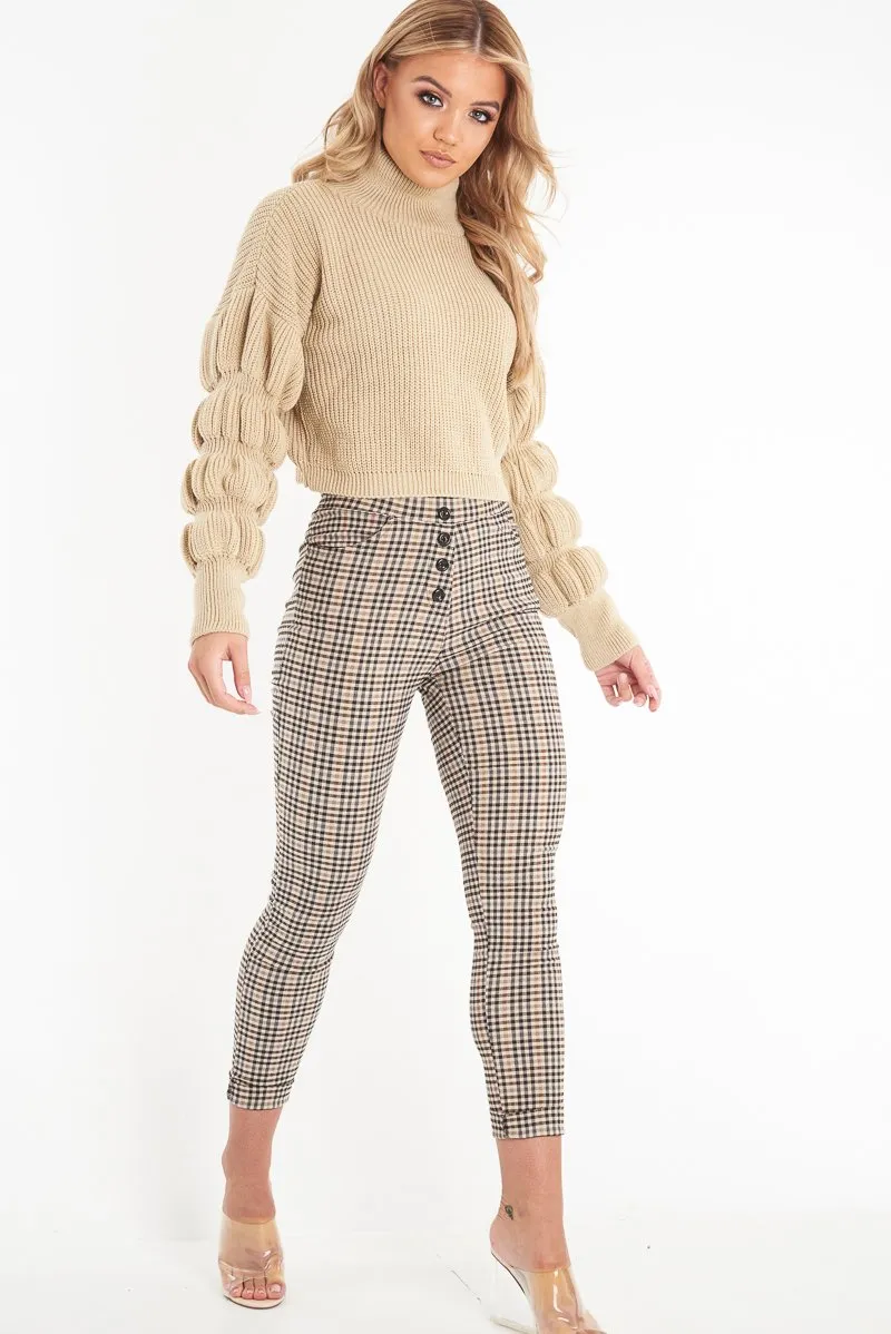 Brown Check Button Front Skinny Leg Trousers - Simone