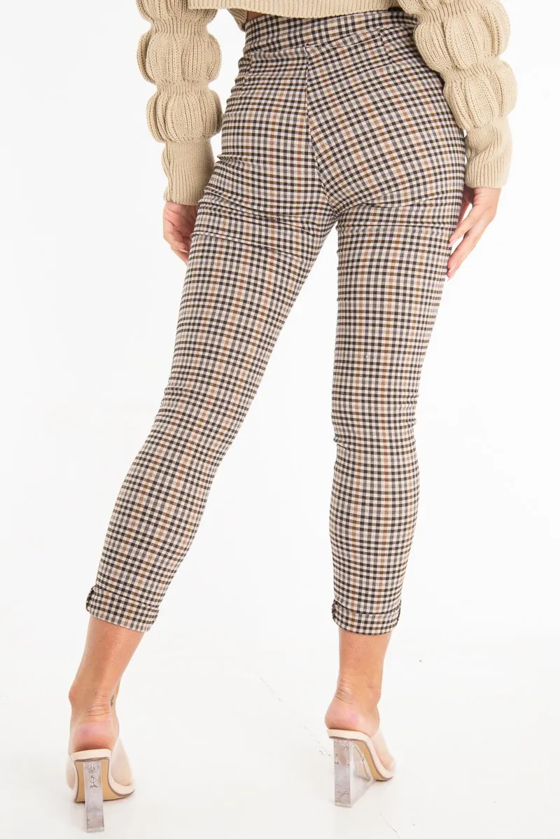 Brown Check Button Front Skinny Leg Trousers - Simone