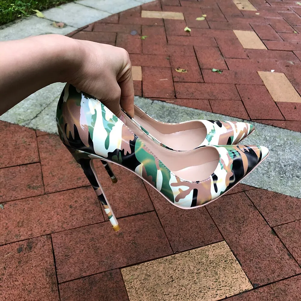 Camouflage Patent Pointed Toe High Heel Shoes