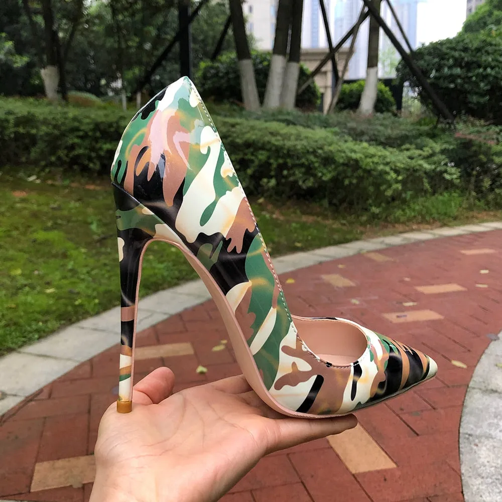 Camouflage Patent Pointed Toe High Heel Shoes