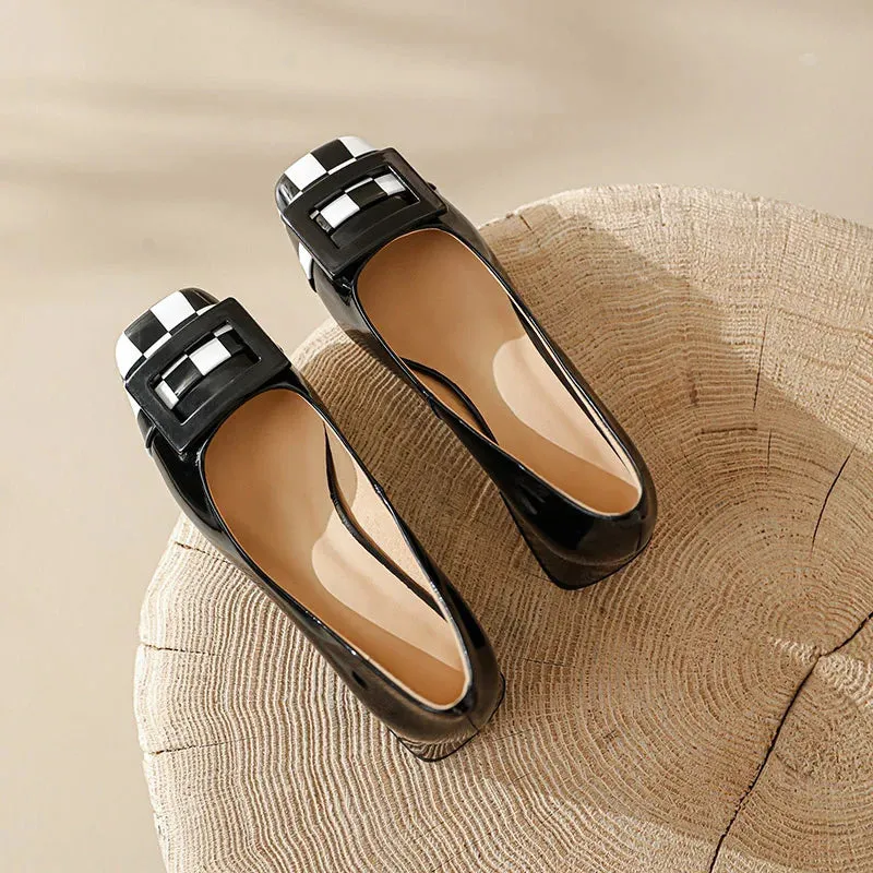 Checkered Square Button Mid Heels Shoes