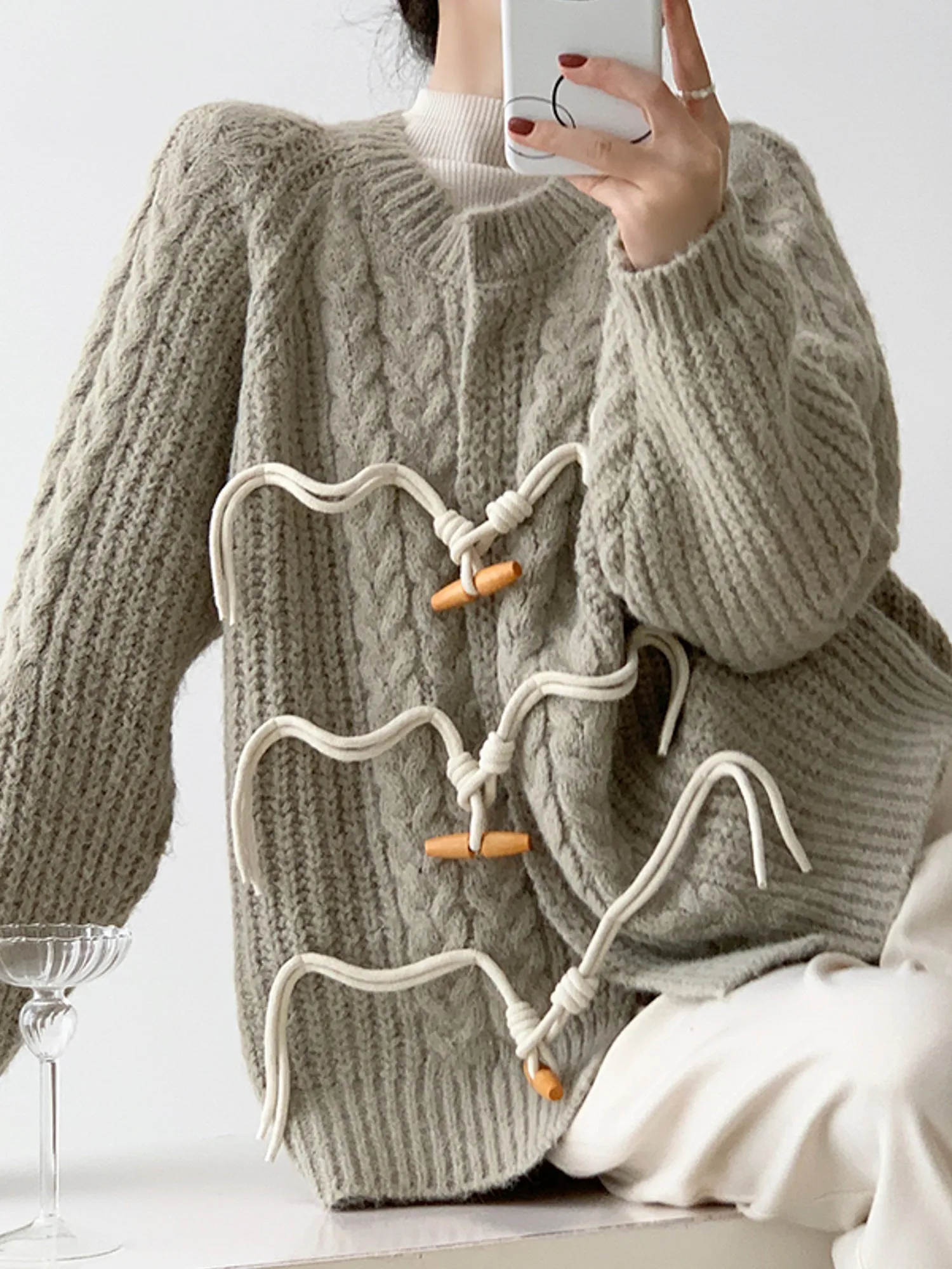 Chunky Knit Horn Button Twisted Cardigan in Grey-Green Tones for Women Autumn Winter Sweater