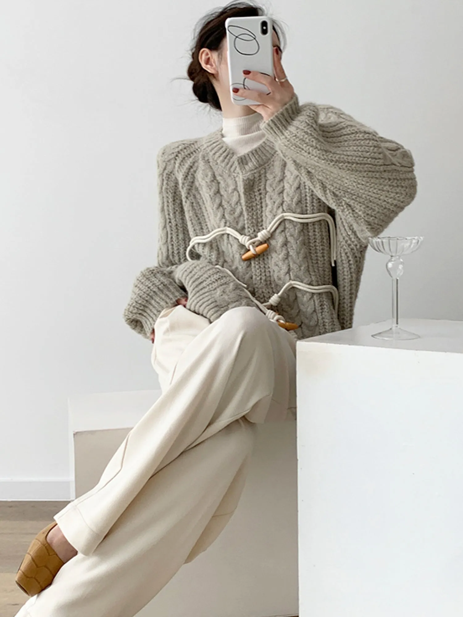 Chunky Knit Horn Button Twisted Cardigan in Grey-Green Tones for Women Autumn Winter Sweater