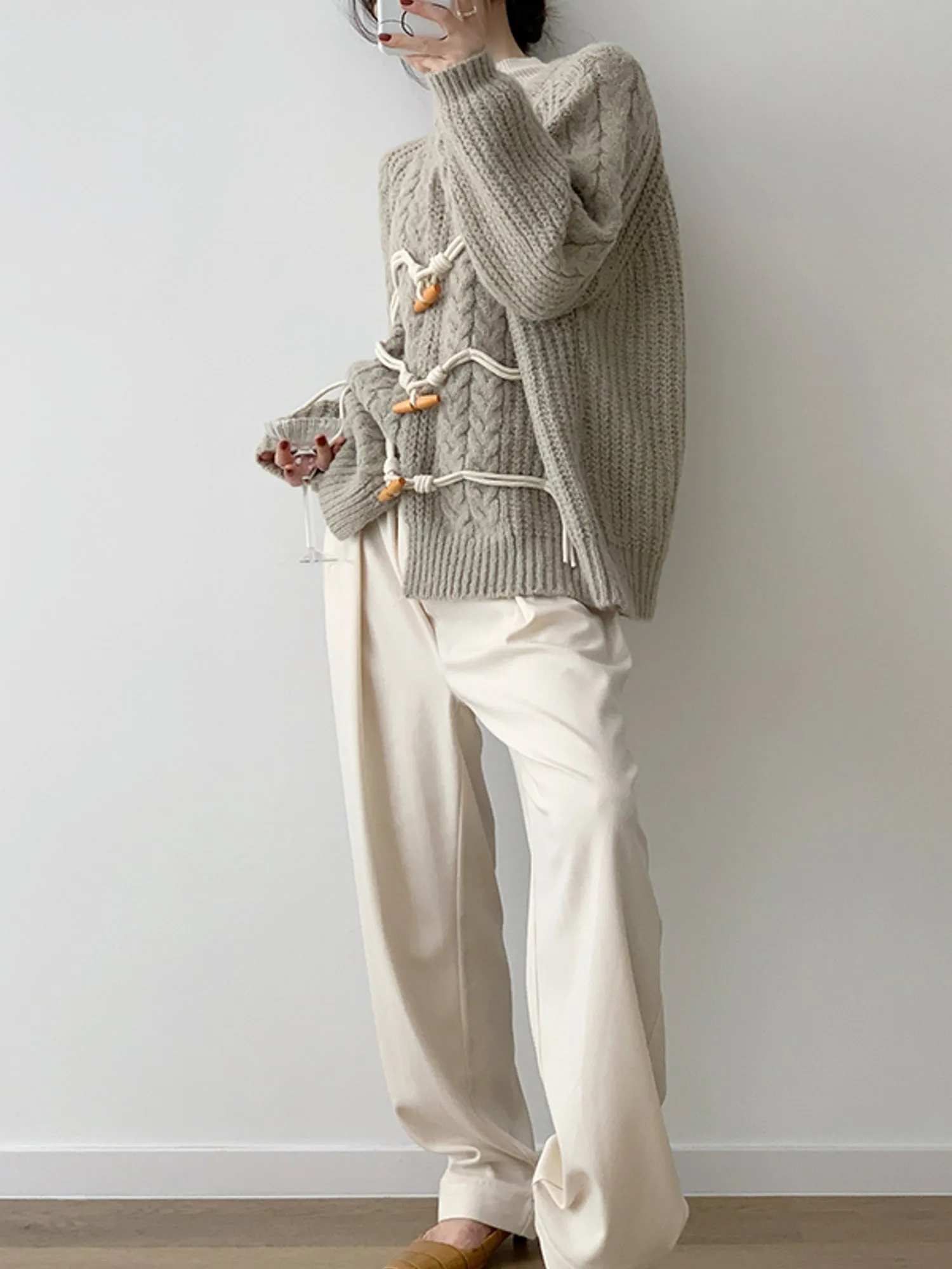 Chunky Knit Horn Button Twisted Cardigan in Grey-Green Tones for Women Autumn Winter Sweater