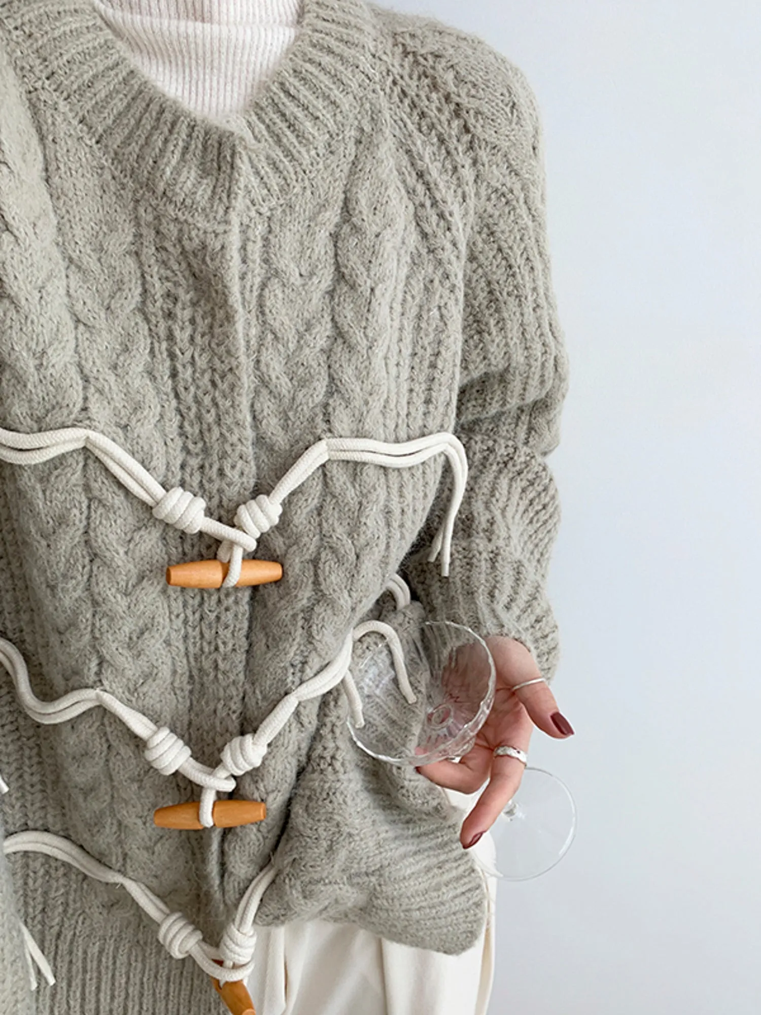 Chunky Knit Horn Button Twisted Cardigan in Grey-Green Tones for Women Autumn Winter Sweater