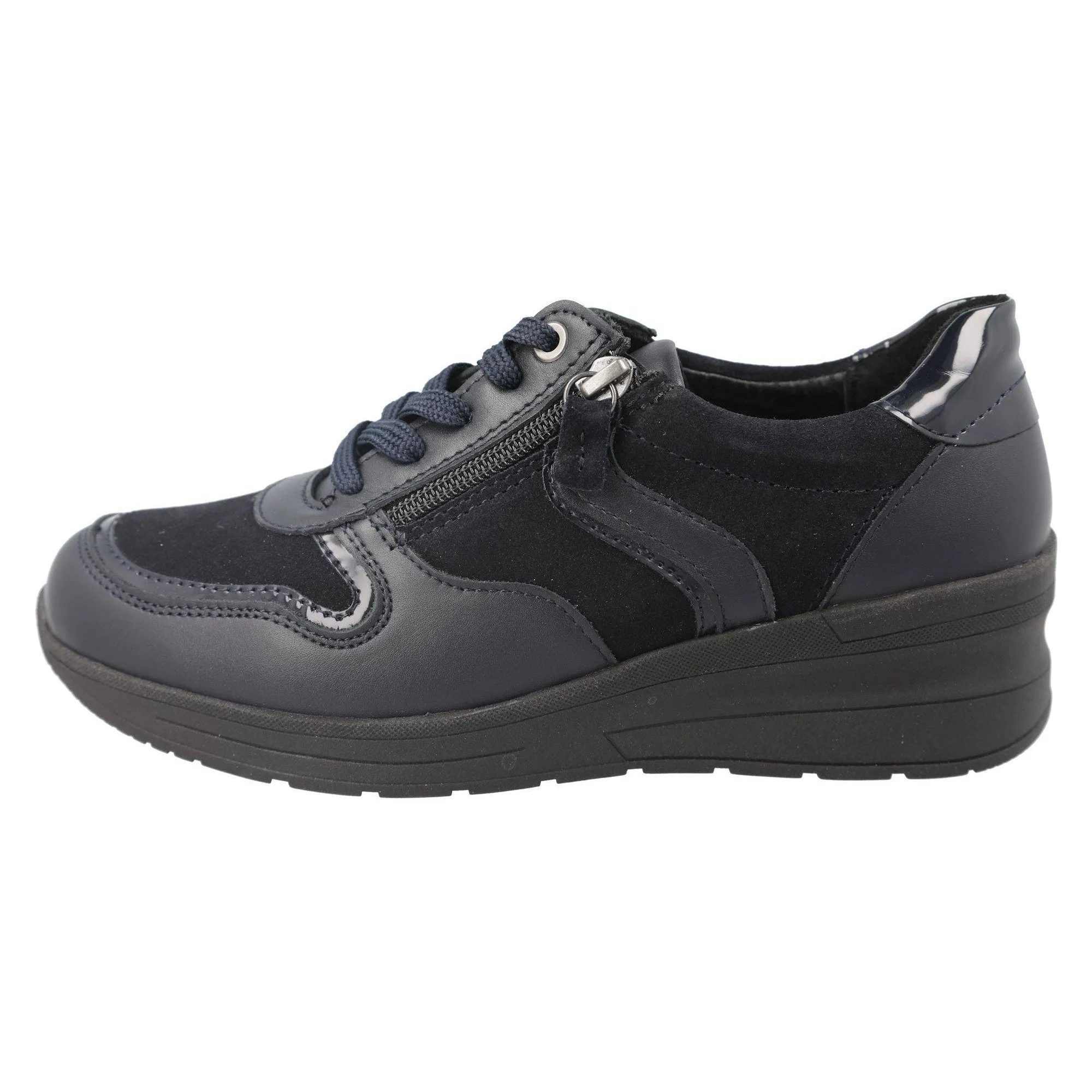 DB Shoes Fleet 2V Ladies Wide Navy Leather Zip & Lace Trainers