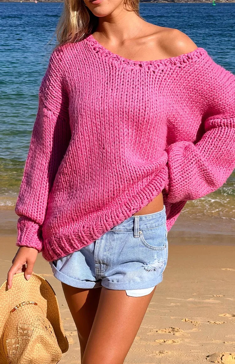 Delvey Hot Pink Chunky Knit Sweater