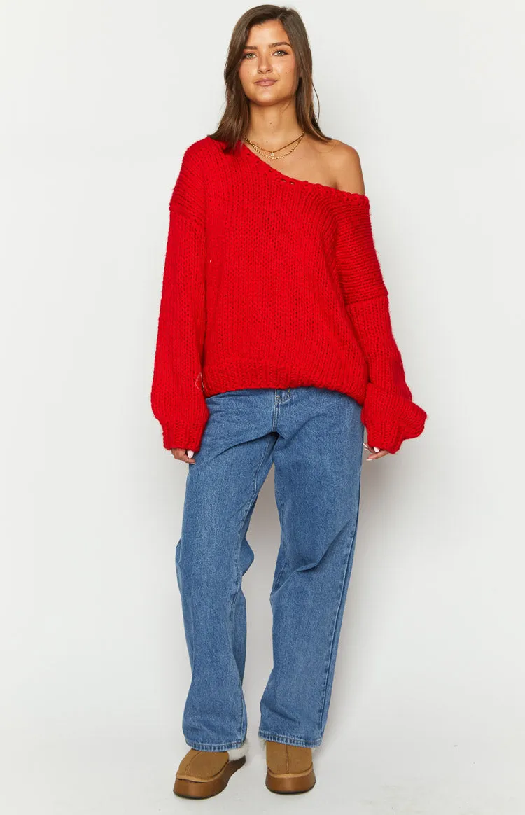 Delvey Red Chunky Knit Sweater