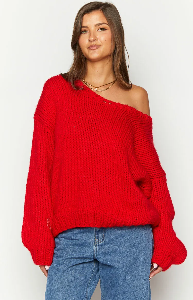 Delvey Red Chunky Knit Sweater