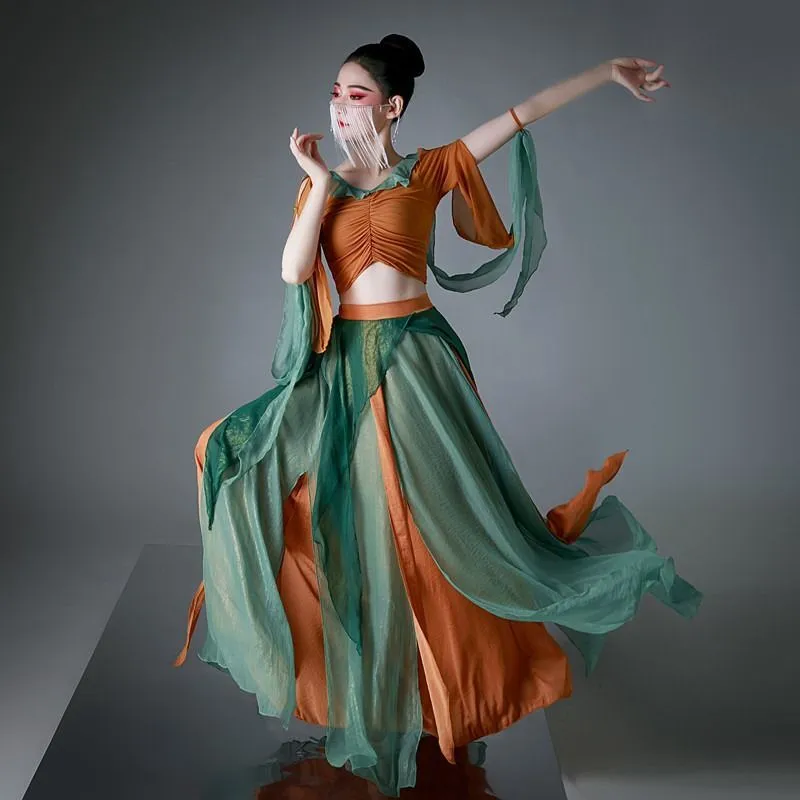 Dunhuang flying dance suit fairy elegant sequined trouser skirt classical dance practice suit folk dance gauze performance suit