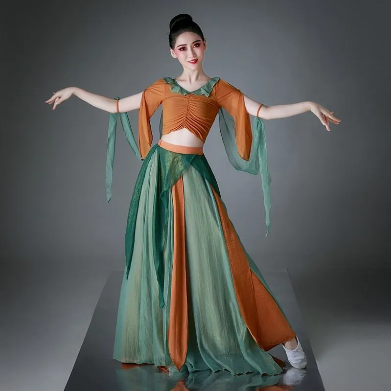 Dunhuang flying dance suit fairy elegant sequined trouser skirt classical dance practice suit folk dance gauze performance suit