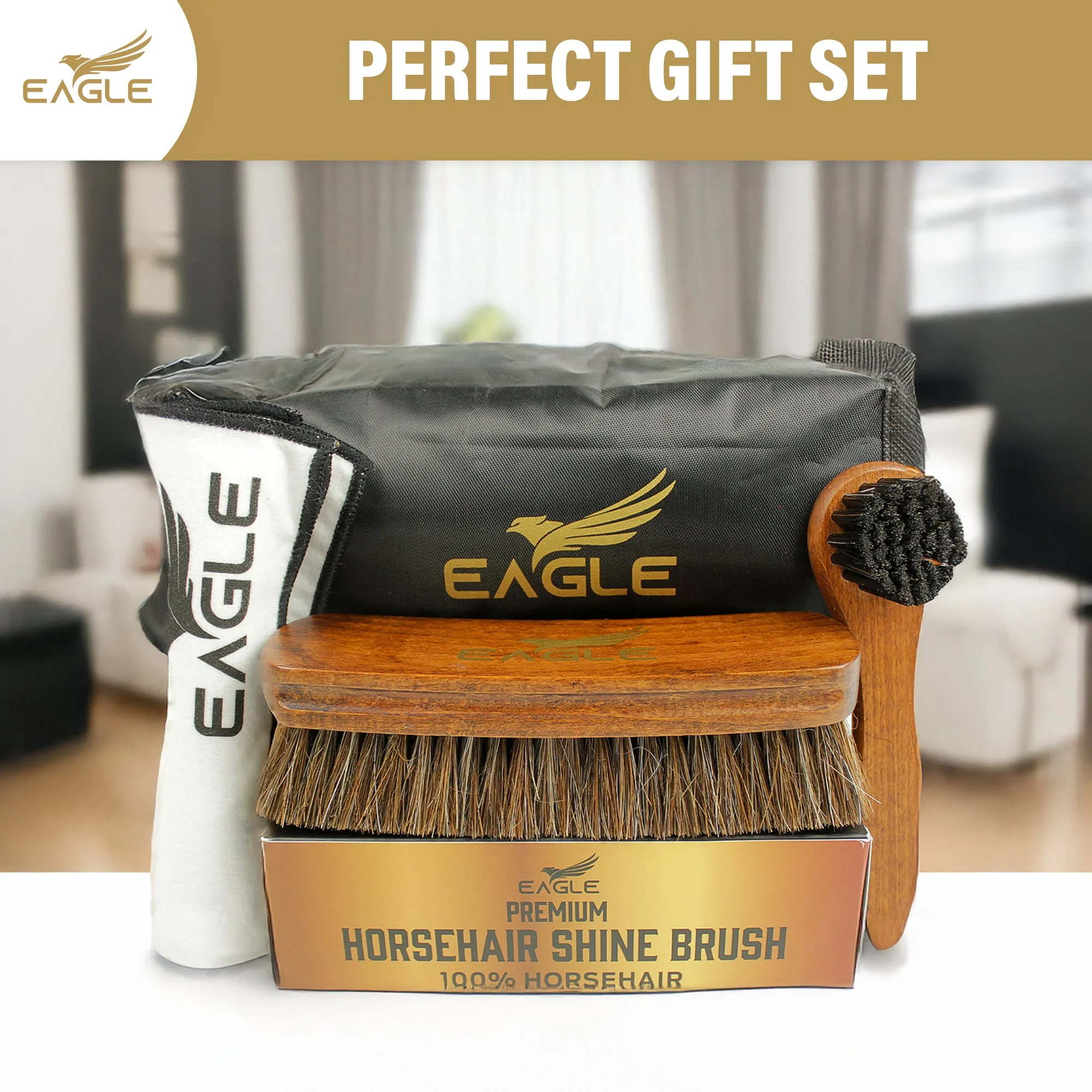 Eagle Shoe Shine Brush Care Kit - Travel Care Kit for Men & Women, 3-Pieces Set, Includes Premium 6.7” Brush, 5” Applicator Dauber & 12”x12” cotton cloth