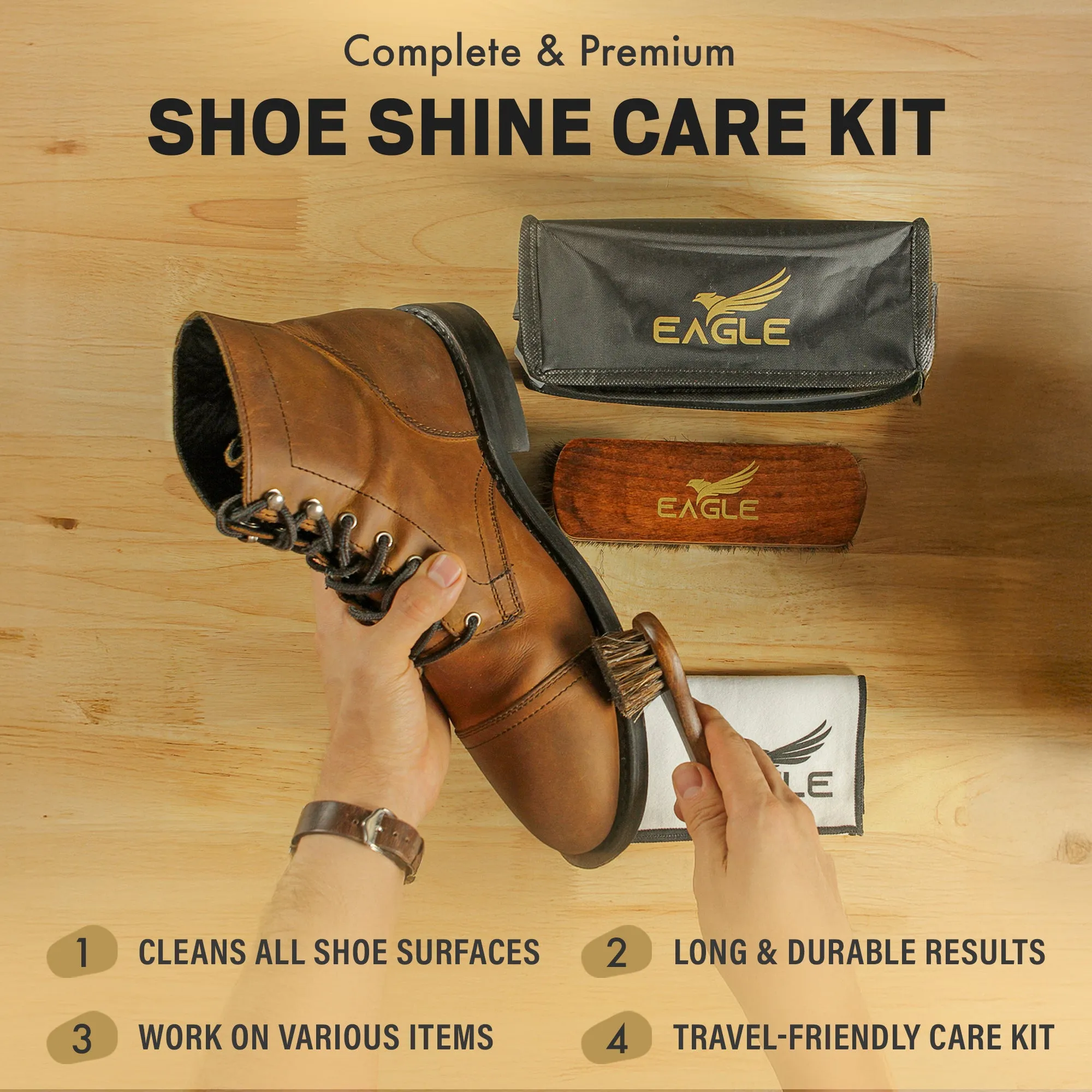 Eagle Shoe Shine Brush Care Kit - Travel Care Kit for Men & Women, 3-Pieces Set, Includes Premium 6.7” Brush, 5” Applicator Dauber & 12”x12” cotton cloth