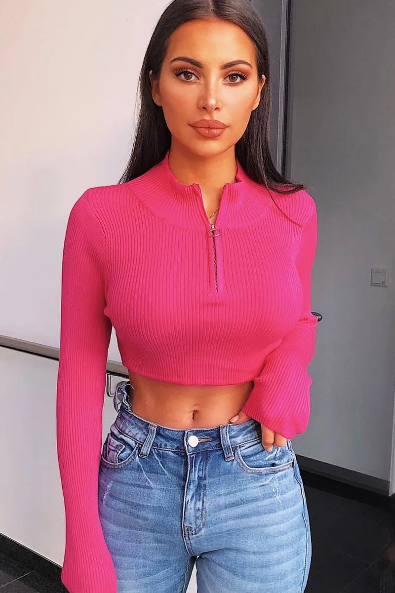 Fuchsia Half Zip Rib Crop Jumper - Elisea