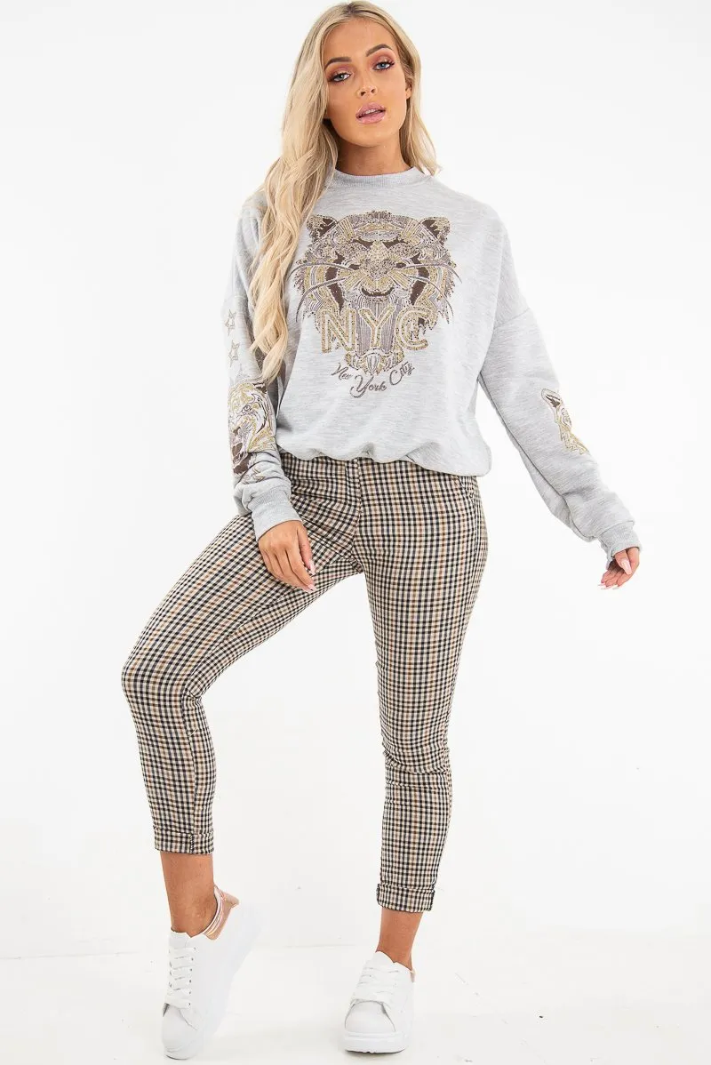 Grey Gold Studded Tiger NYC Sweatshirt - Lezlie