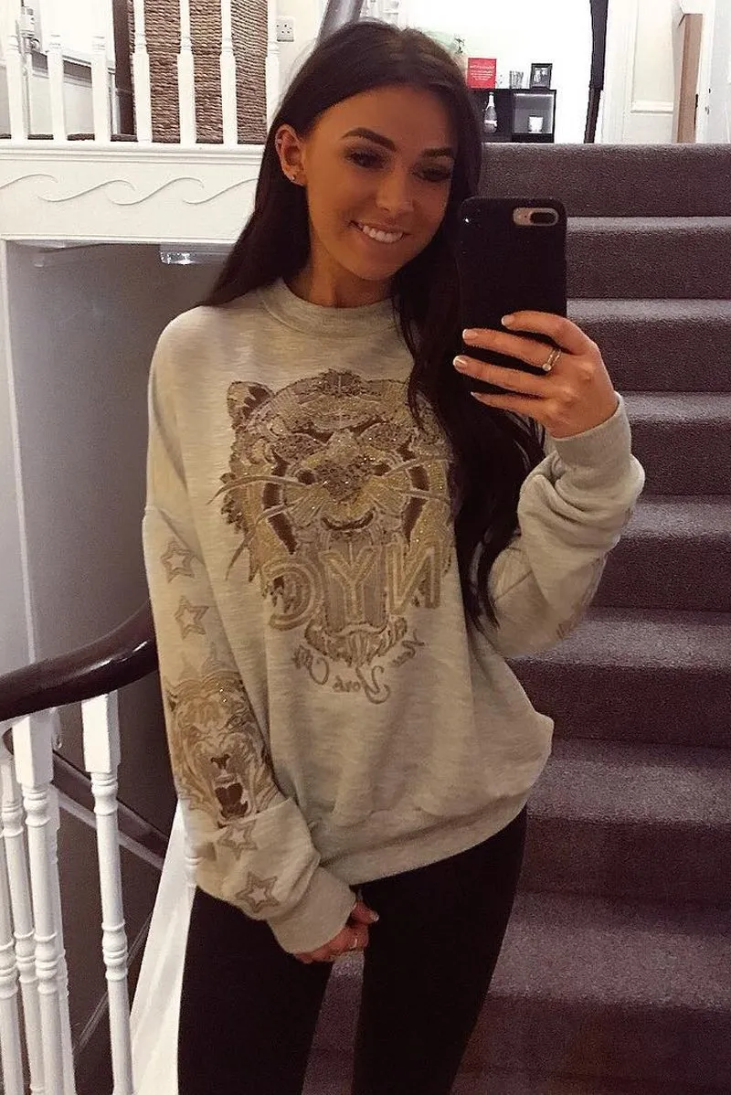 Grey Gold Studded Tiger NYC Sweatshirt - Lezlie