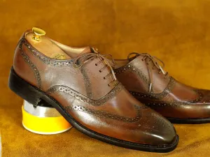 Handmade Brown Wing Tip  Brogue Lace Up Shoes, Men's Dress Shoes