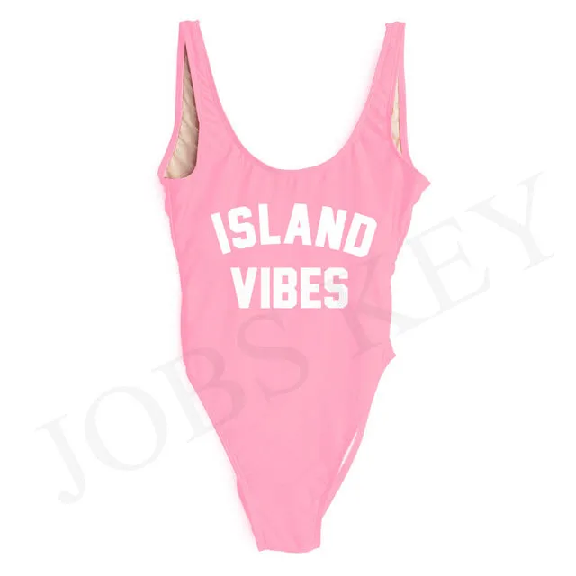 ISLAND VIBES Letter Women Swimsuit 2017 Sexy Low Back High Cut Swimwear Kids Bathing Beachwear Girls One Piece Black Bodysuit