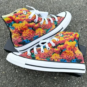 Marigold Flower Field on Black Converse High Top Chuck Taylor Shoe