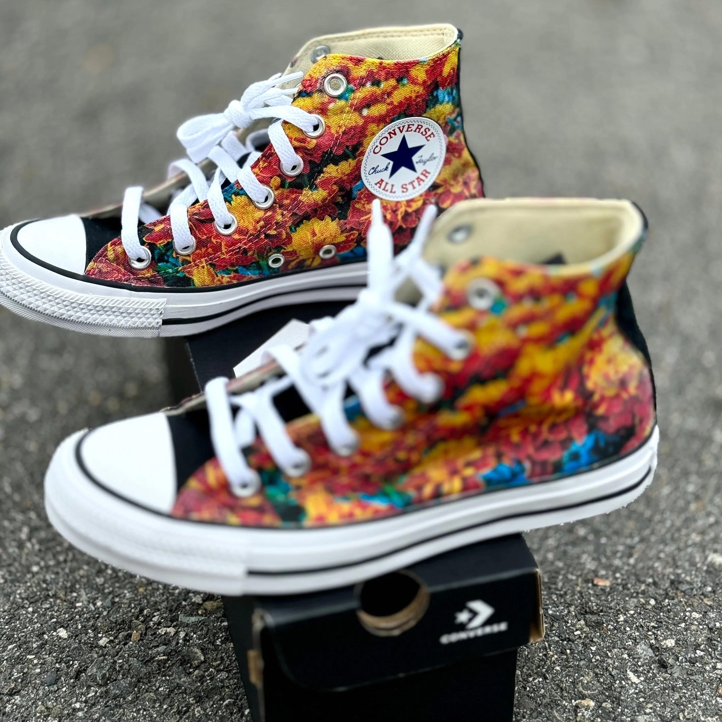 Marigold Flower Field on Black Converse High Top Chuck Taylor Shoe