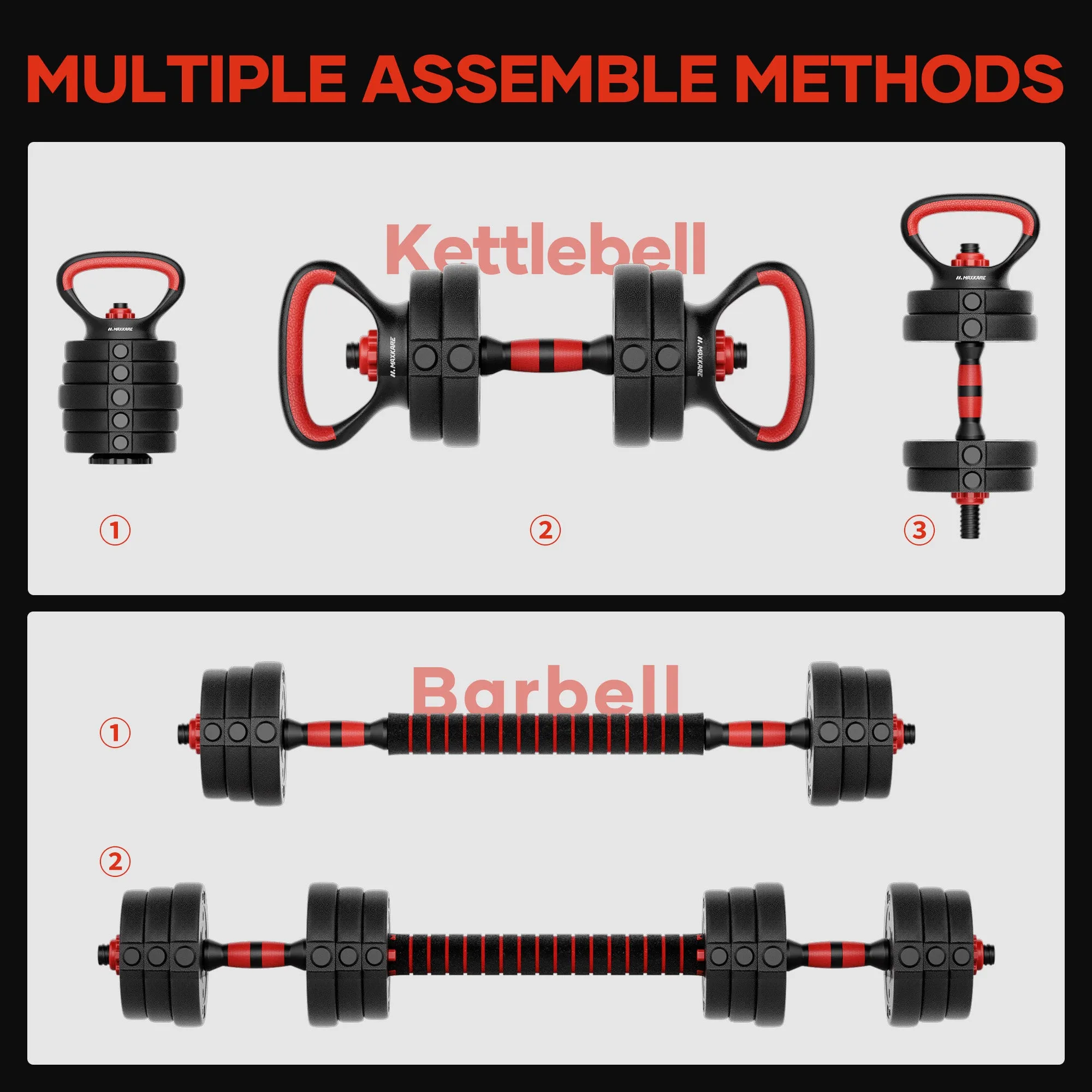 MaxKare 44LB Adjustable Weight Dumbbell Set 4 in 1 Set as Dumbbell Barbell Kettlebell Push-up Stands, for Home Gym Weights for Women & Men