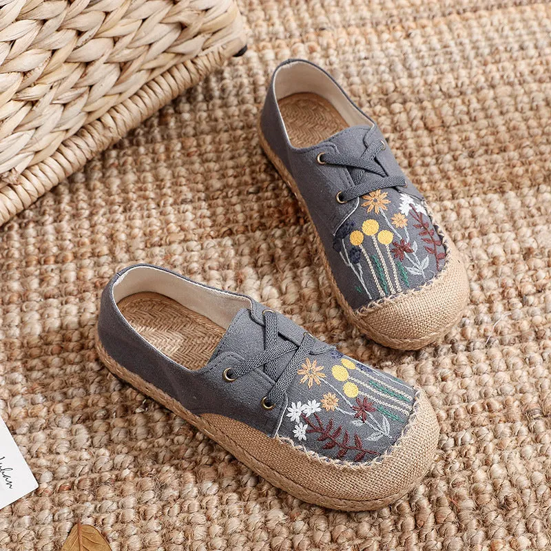 New Ethnic Style Women's Shoes Dandelion Embroidered Linen Shoes Cow Tendon Bottom Hand-stitched Top Lace-up Cloth Shoes