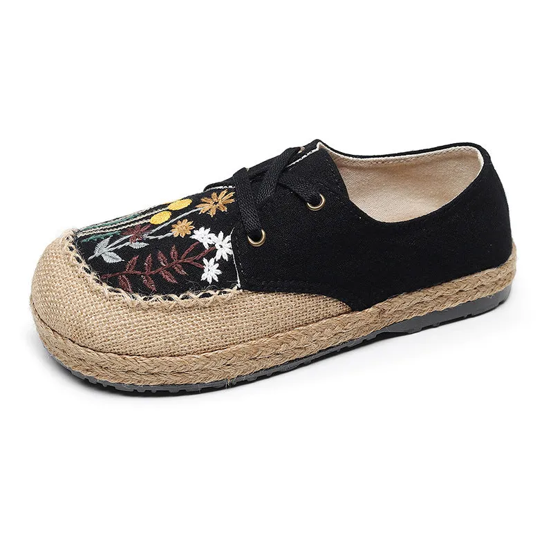 New Ethnic Style Women's Shoes Dandelion Embroidered Linen Shoes Cow Tendon Bottom Hand-stitched Top Lace-up Cloth Shoes