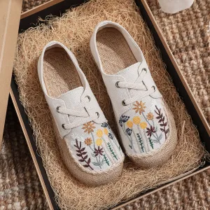 New Ethnic Style Women's Shoes Dandelion Embroidered Linen Shoes Cow Tendon Bottom Hand-stitched Top Lace-up Cloth Shoes