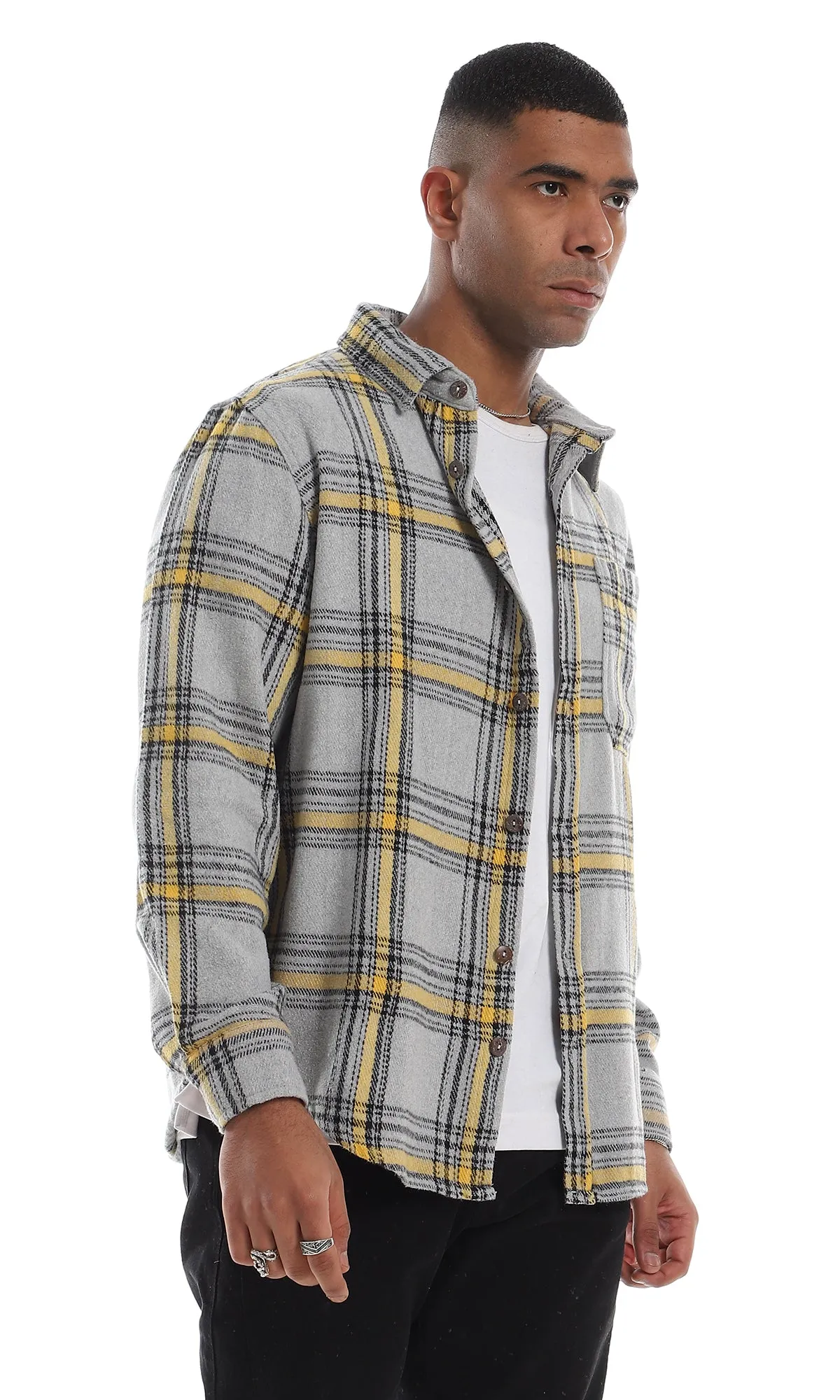 O158847 Plaids Full Buttoned Classic Collar Grey & Yellow Winter Shirt