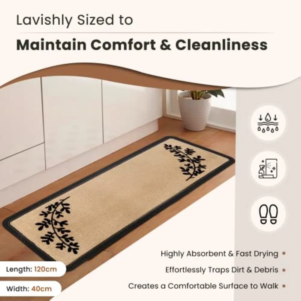 Onlymat Weatherproof Polypropylene Doormat with Leaf Design & Anti Skid Rubber Backing, Large Rectangular Entryway Rug for Entrance, Patio, Bedroom, Living Room, Kitchen, Black and Beige, 40 cm×120 cm